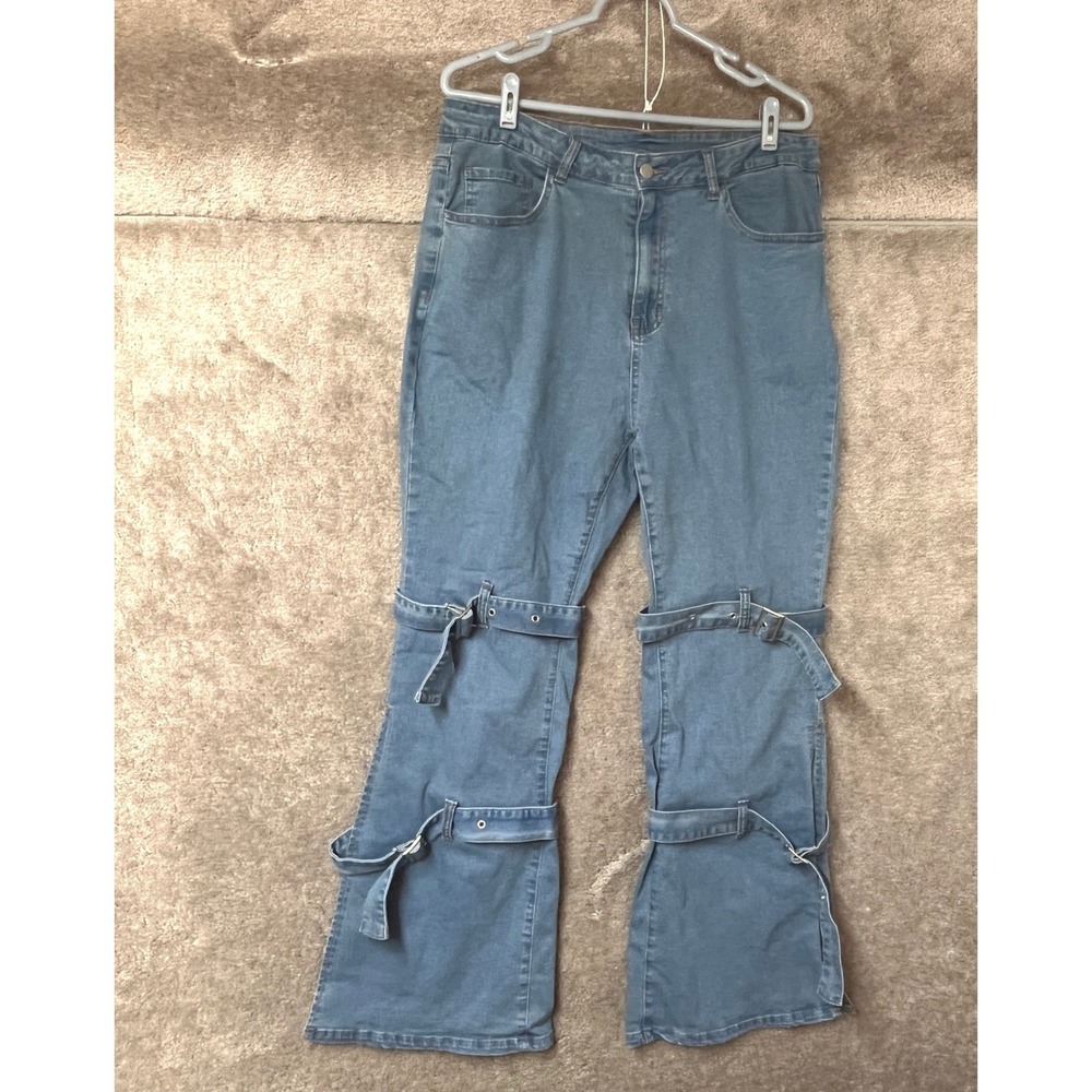 Shein Curve Womens Flare Leg Jeans 2XL Blue Denim Buckle Strap Grunge Streetwear
